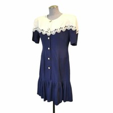 Vintage Dawn Joy Crochet Chest Detail Button Front Ruffle Pleated Dress Navy M