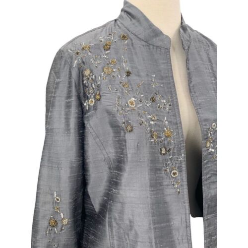 Chico's LS Open Front Lined Silk Cardigan/Jacket Gray Beaded Embroidered 1/Med - Picture 3 of 7