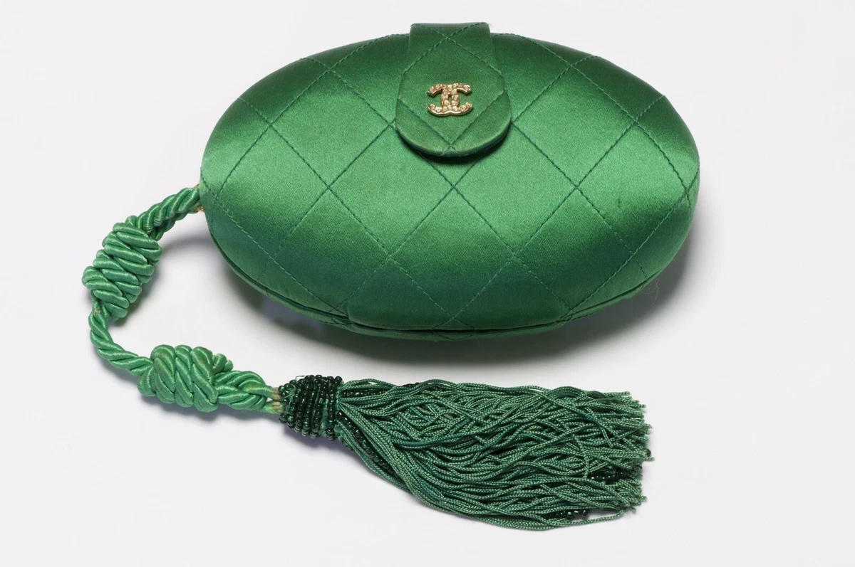 CHANEL Paris Couture CC 1990’s Green Quilted Satin Tassel Egg Clutch Bag