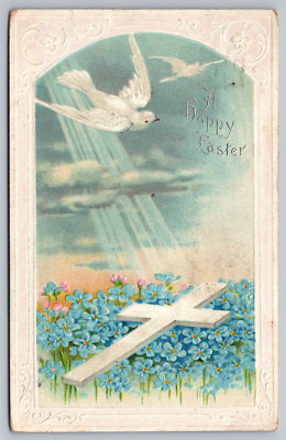 Easter Card~Doves Flying over White Cross & Blue Flowers~c1911 Antique Postcard