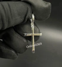 Solid Metal 925 Silver Mens Tiny Cross Solitaire Charm Pendant White Gold Plated