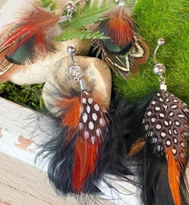 Real Feather Gem Belly Ring Navel Naval Black,Orange,White,Brown,Pink,Green,Red