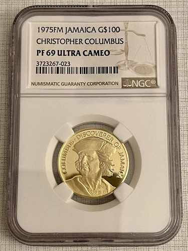 Jamaica 1975FM Christopher Columbus $100 Gold NGC PF69 ULTRA CAMEO SKU# 6197