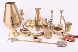 Large Brass Job Lot Bell Candlesticks Mortar Pestle Teapot Vase Vintage Deco