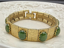 Mid-century Gold-tone Faux Jade Cabochon Mesh Gate Bracelet 1960s Vintage Mid-century Gold-tone Faux Jade Cabochon Mesh Gate Bracelet 1960s Vintage