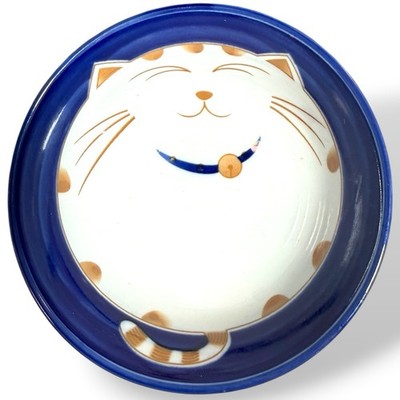 Maneki Neko Smiling Happy Lucky Cat Porcelain Noodle  Rice Bowl Blue, Japan
