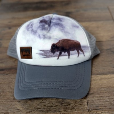 Montana Tees Adult OS Gray/Blue Winter Bison Graphic Print Trucker Hat
