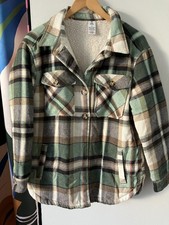 Women's M Plaid Button Up Shirt Fall Jacket Fleece Lined Brown Green