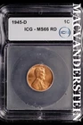 1945-D Lincoln Wheat Cent-ICG MS 66 RD Choice Gem BU No Reserve #SLL684