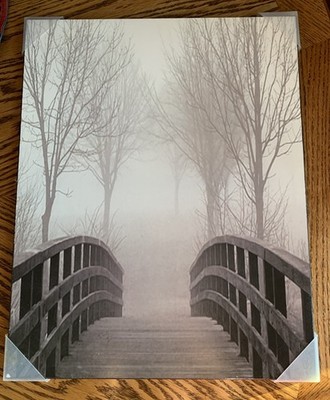 Misty Foot Bridge Wall Plaque Art 15x19  Bare Trees Foggy Grace Landscape READ