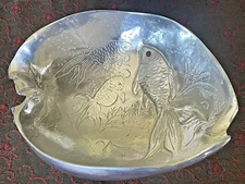 Arthur Court 1977 Aluminum Koi Fish Footed Conch Shell Bowl Red Carnelian Eye