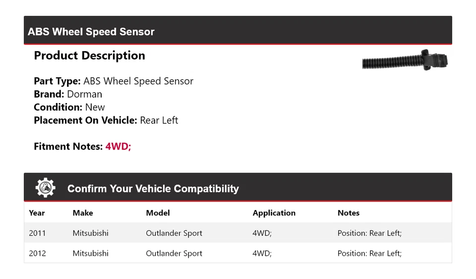 Sensor de velocidad de rueda ABS Dorman 4x4 para Mitsubishi Outlander Sport 2011-2012 Foto 2 de 4