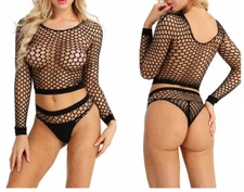 Womens See Through Fishnet Lingerie Set Sexy Underwear Crop Top Briefs Nightwear