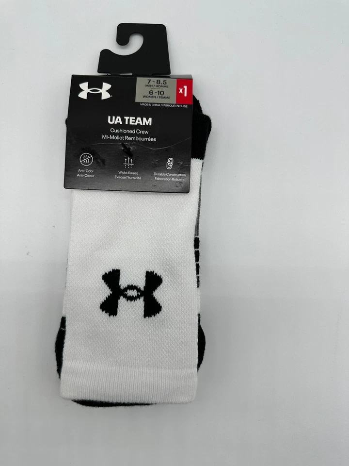 NEW ONE PAIR UNDER ARMOUR UA TEAM CUSHIONED CREW SOCKS MENS  WOMENS WHITE /BLACK - Image 3 of 4
