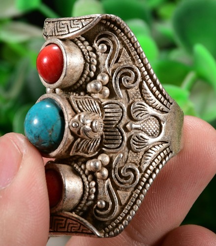 4.5CM China Silver inlay Green Gem Fengshui Exorcism ring Fingerstall Jewelry - Picture 4 of 6