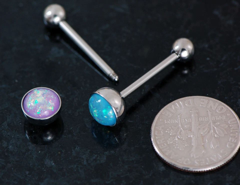 2件装14克5/8英寸紫色Aqua蛋白石闪光316L手术钢舌环烧烤 — 第 2/4 张图片