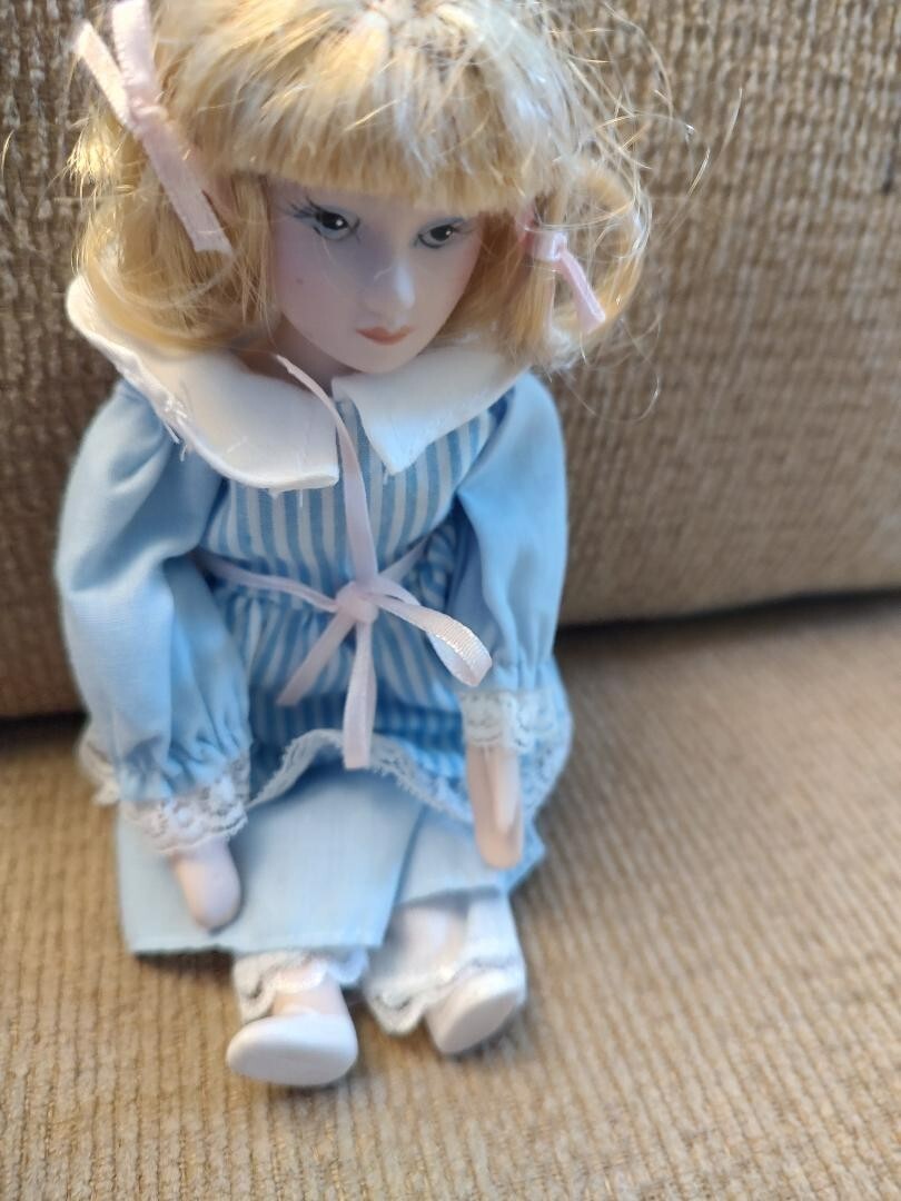 PORCELAIN DOLL GIRL in Sunday dress 7.5" Painted eyes handcrafted