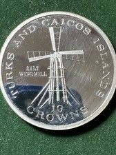 TURKS and CAICOS Islands 1976 Silver .925 Coin 10 Crowns Salt Windmill