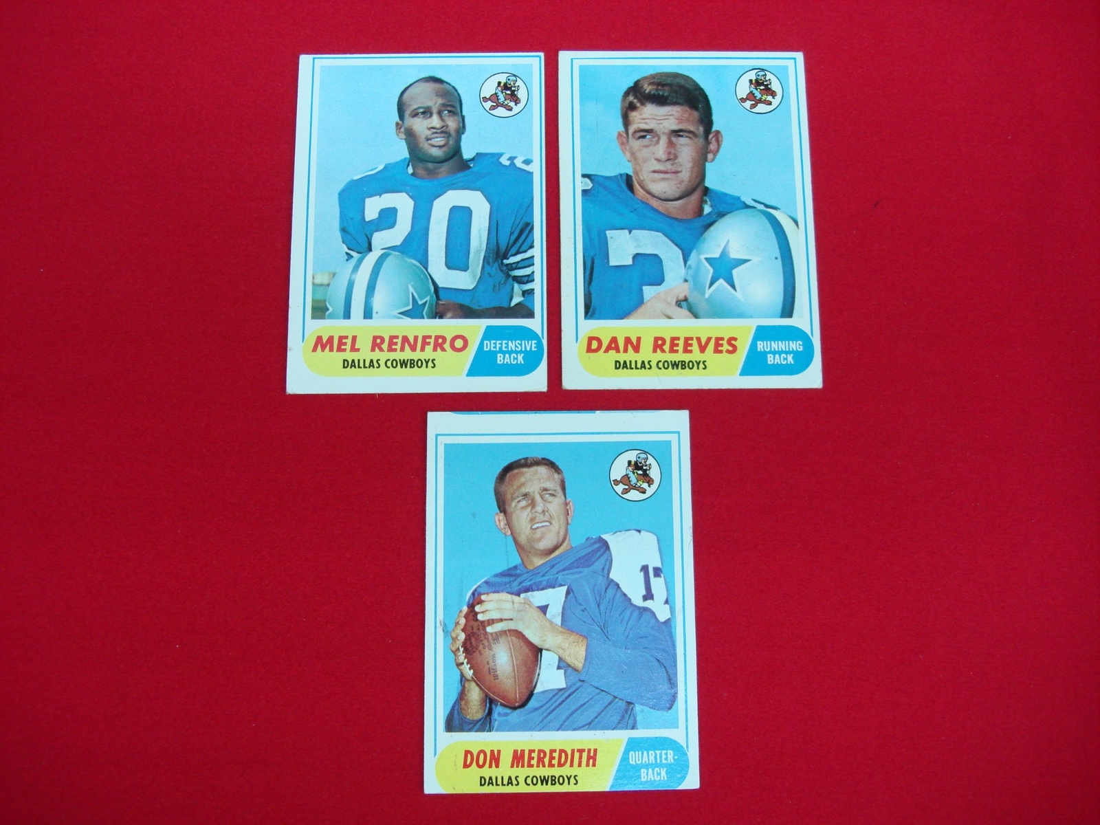 1968 TOPPS DALLAS COWBOYS 3 FOOTBALL CARD LOT MEL RENFRO DAN REEVES DON MEREDITH