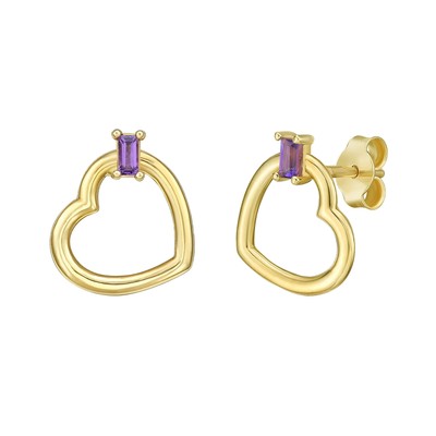 14K Gold 0.13CTW Amethyst Baguette Heart Stud Earrings 10.5mm 1.80grams