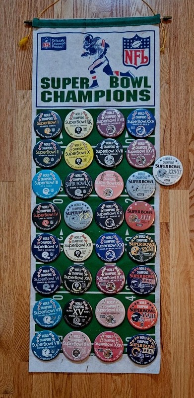 Super Bowl Pin Collector Set: 1st 34 NFL Super Bowl Buttons on Felt Banner RARE!