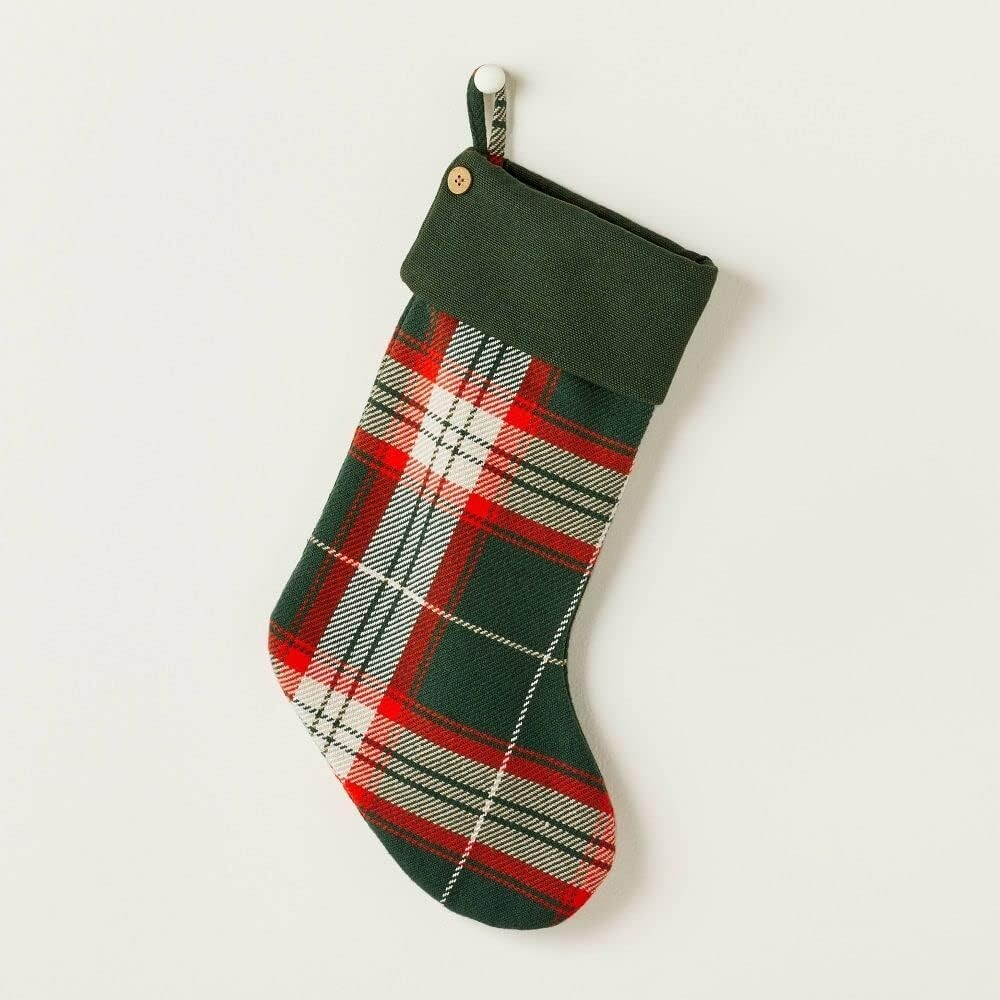 Hearth and Hand with Magnolia Holiday Plaid Stocking W Button NEW w/ Tag