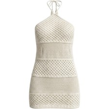 Old Navy Cream Crochet Halter Mini Dress Sz S Boho Tassel Tie Cottage Beachy