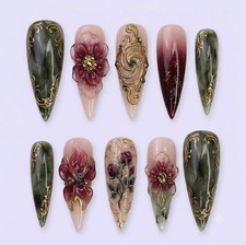 Custom Handmade Vintage Rose Gold Filigree Jade Gradient Stiletto Press on Nails