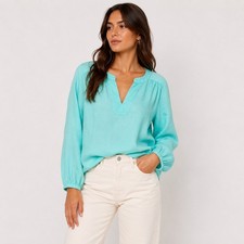 Halston 100% Linen Tunic Women Small Aqua Blue Split Neck Summer Boho Blouse