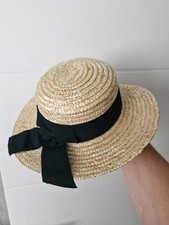 Vintage Straw Hat Boater With Black Ribbon. Retro Summer Outfit Accessories Hat
