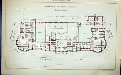 Alter Grundriss Nottingham Municipal Sherwood Gebäude 1884 Bogen viktorianisch