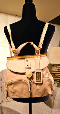 Badgley Mischka Beige Convertible Backpack Top Handle Drawstring Gold Charm