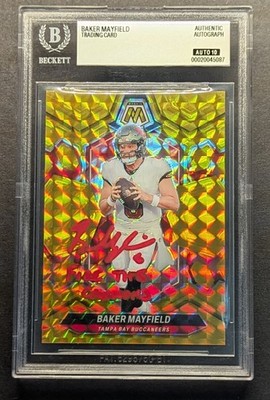 BAKER MAYFIELD Auto 2024 Mosaic Gold Prizm "Fire The Cannons" Inscribed SSP /10