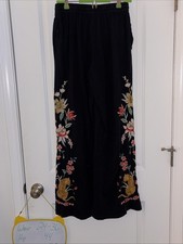 Johnny Was Andrean Pull On Black Cotton Knit Tiger Floral Embroidery Pant XS