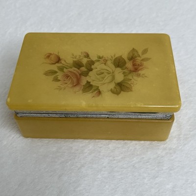 Vintage Yellow Alabaster  Italy Floral Jewelry Trinket Box **BROKEN** Read*