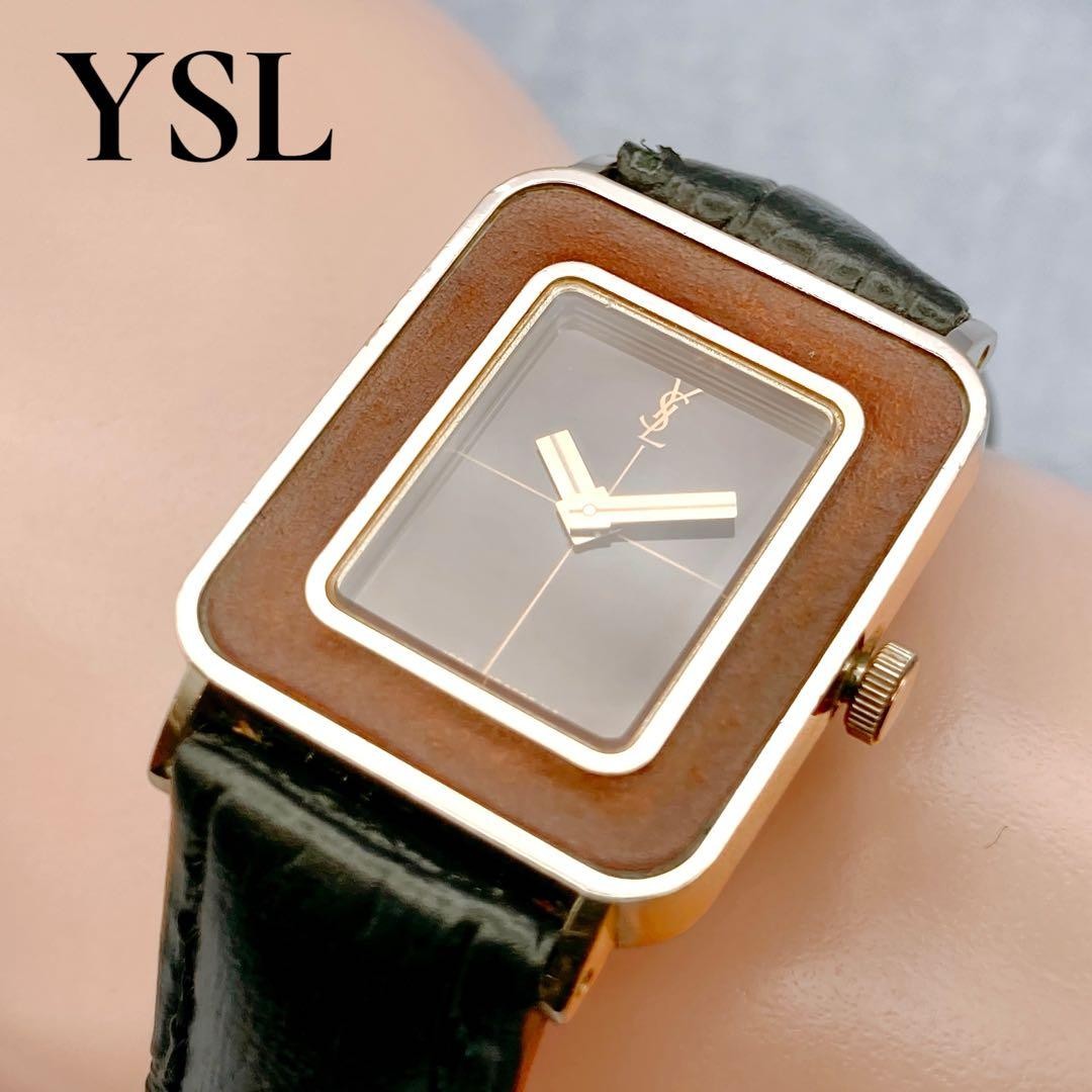 YSL Rectangular Quartz Watch Brown Dial Black Str… - image 1