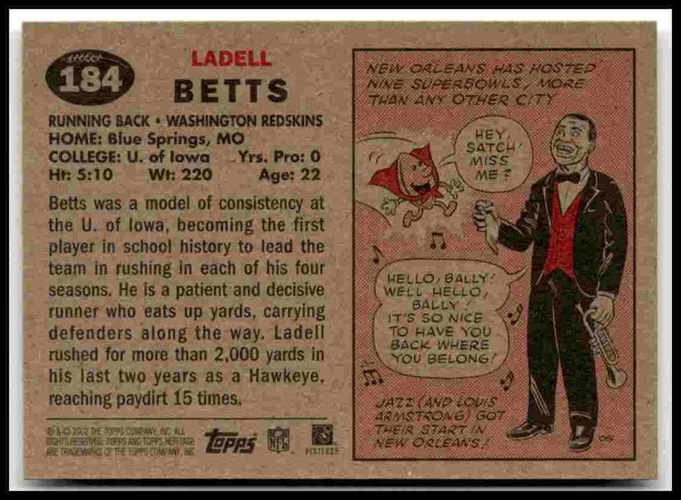 2002 Topps Heritage #184b Ladell Betts RC VAR - Image 2 of 2