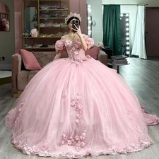 Pink Quinceanera Dresses Off Shoulder 3D Flowers Backless Party Prom Gowns New