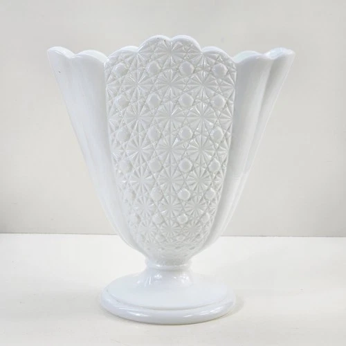 Vintage Fenton Large Fan Vase White Milk Glass Daisy Button Mid Century