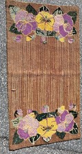 PRIMITIVE RUG HAND HOOKED Pansy Purple Yellow Flower 36  X 20  FOLK ART- Floral
