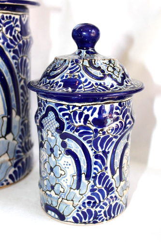Vintage set /3 Uriarte Talavera Mexican Ceramic Jar canisters blue white - Picture 2 of 14