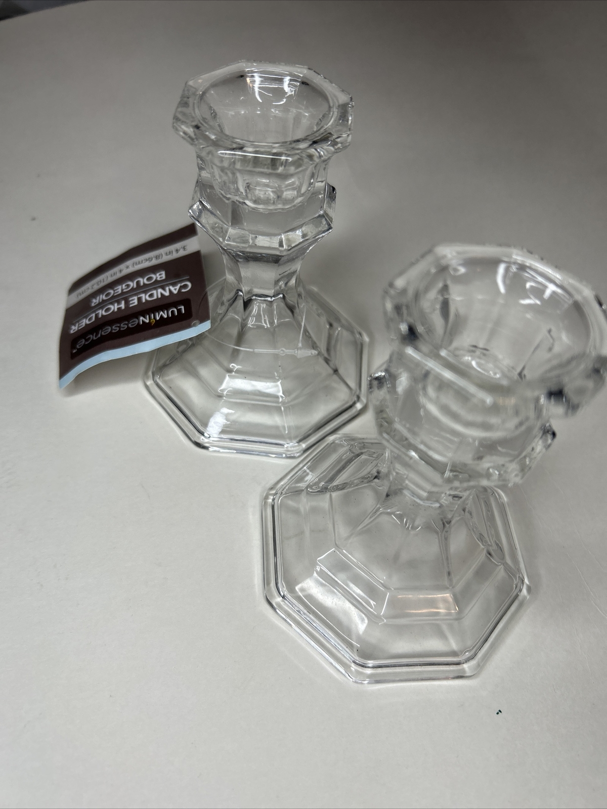 Candlesticks Pair 4" Clear Glass Crystal Taper Candle Holder Holiday Tablescape