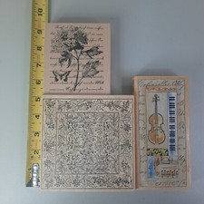 3 Rubber Stamps Floral Vines Leaves Flower Music Collage Lilac Butterfly