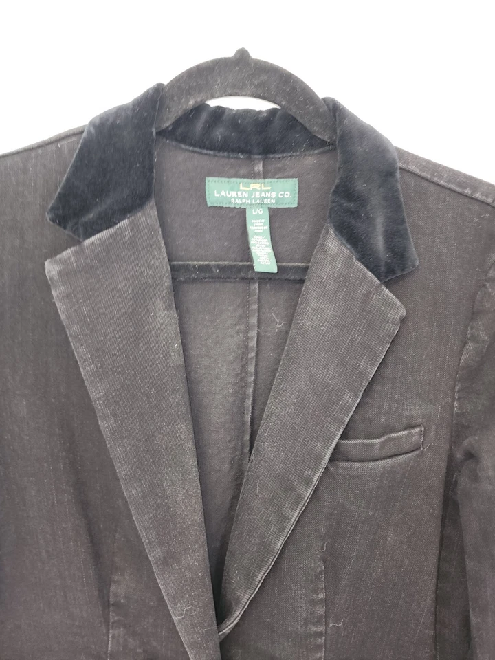 LAUREN Ralph Lauren | Velour Black Denim Blazer Jacket | Size: Large - Image 2 of 4
