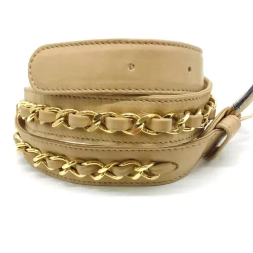 Authentic CHANEL Chain Belt Size 70/28 Beige Leather