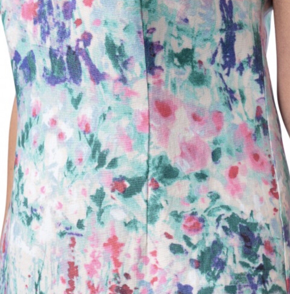 Robe En Lin 100% East Monet - Imprimé Fleurs Pastels Multicolores, Taille UK 14, Sans Manches
