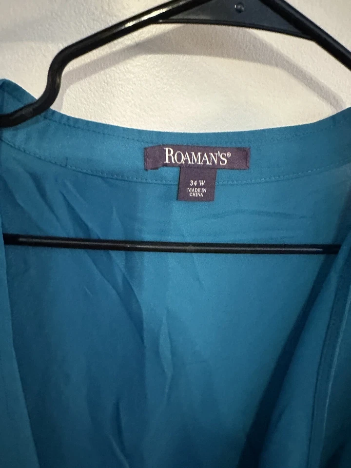Roamans Teal Blue Open Front Sheer Blouse Plus Size 34W Gem Accent Cuffs NEW - Image 3 of 4