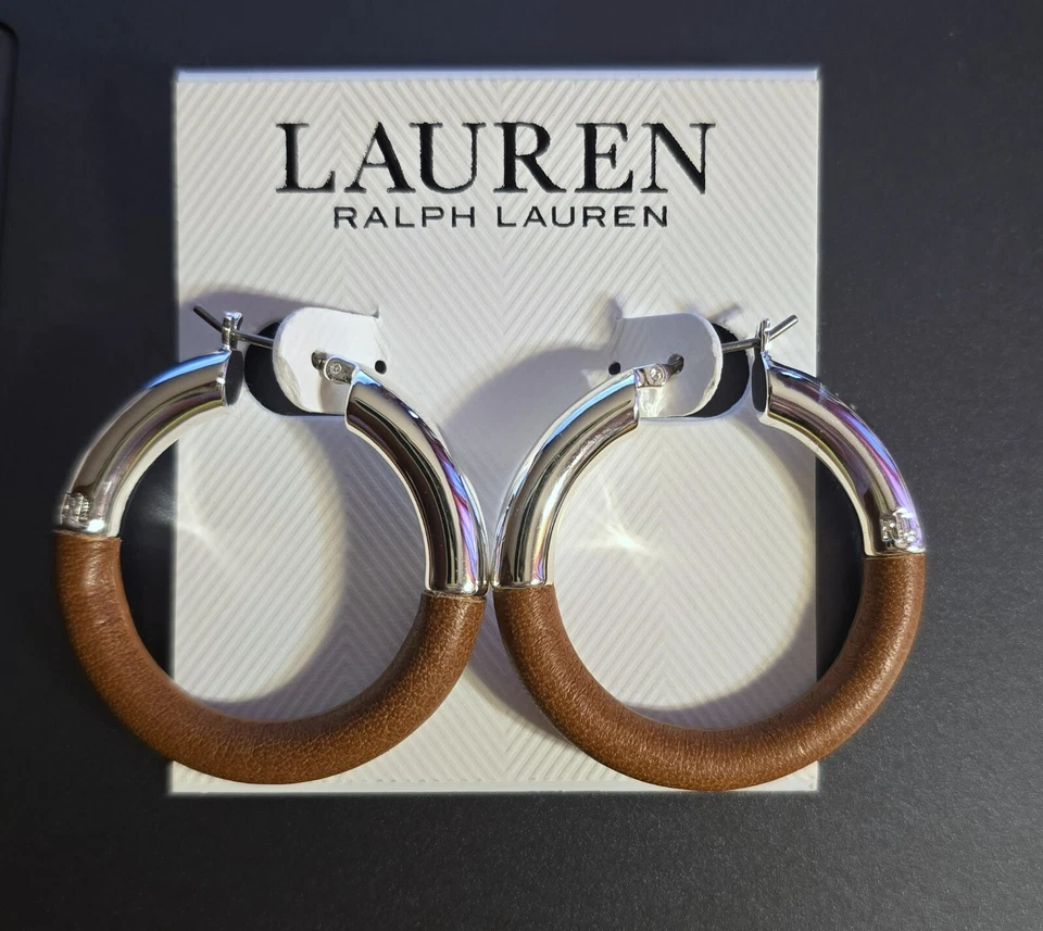 НОВЫЙ RALPH LAUREN СЕРЕБРЯНОГО ТОНА, КОНЬЯК КОЖИ ОБЕРНУТЫЙ СЕРЬГИ-КОЛЬЦА - Изображение 4 из 4