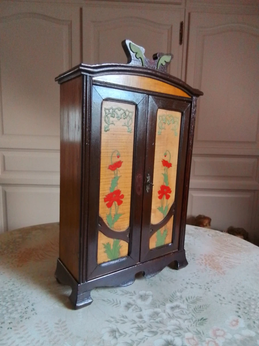ARMOIRE DE POUPEE JOUET BOIS PEINT MAJOLU DECOR AU POCHOIR