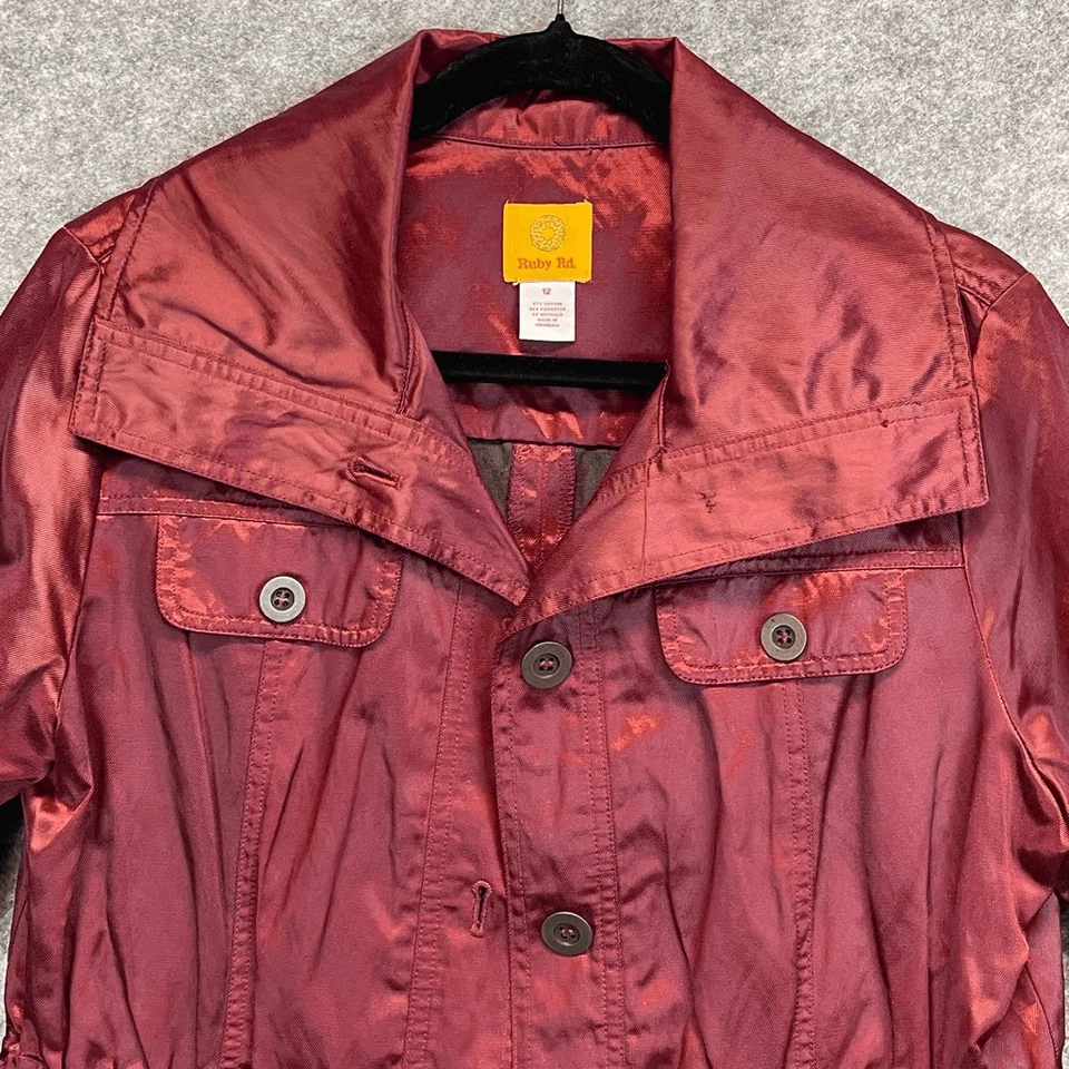 Ruby Rd Jacket Women's Size 12 Cranberry Red Metallic Button Front Drawstring - Image 2 of 4
